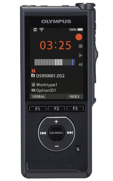 Olympus DS9500 Premium Kit voice recorder Intelligent 2 Microphone System dictation Transfer and Device Configuration via Wi-Fi. Precise 4 position slide switch. 2.4" full-colour display. 256 bit file encryption with DSS Pro audio codec. Device lock by PI