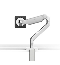 Humanscale M2.1 Monitor Arm with Clamp Mount polished aluminium with white Trim. Up to 9Kg. The M2.1 uses an innovative mechanical spring to achieve exceptional performance and durability in a lightweight ultra-thin design