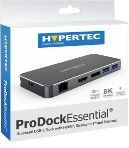Hypertec ProDockEssential 4 - Universal USB-C Dock with HDMI and DisplayPort Dual Screen 4K60 (Mirror and Extension) USB 3.0 Gigabit Ethernet 100W Power Delivery