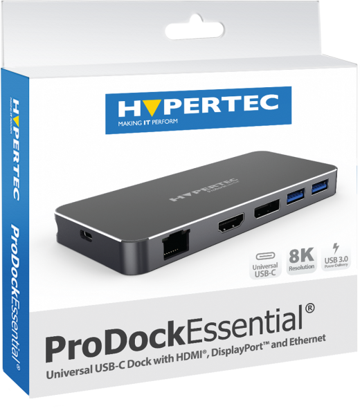 Hypertec ProDockEssential 4 - Universal USB-C Dock with HDMI and DisplayPort Dual Screen 4K60 (Mirror and Extension) USB 3.0 Gigabit Ethernet 100W Power Delivery