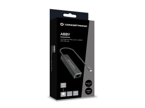 Conceptronic ABBY14B 2.5G Ethernet USB 3.2 Gen 1 Adapter with USB Hub, 2.5GbE, USB-A x 2, USB-C x 2