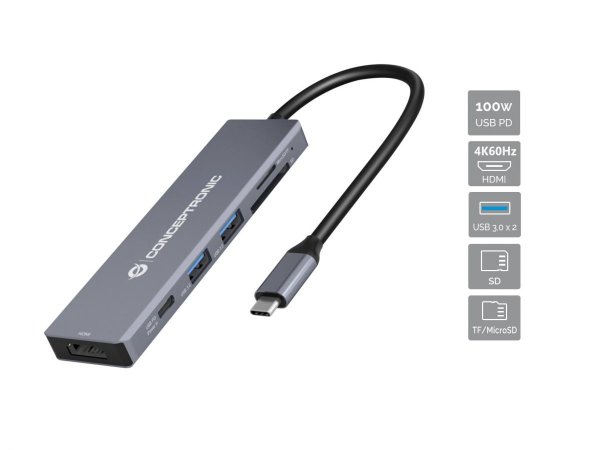 Conceptronic DONN23G 6-in-1 USB 3.2 Gen 1 Docking Station, USB 3.0 x 2, 100W USB PD, 4K 60Hz HDMI, SD, TF/MicroSD