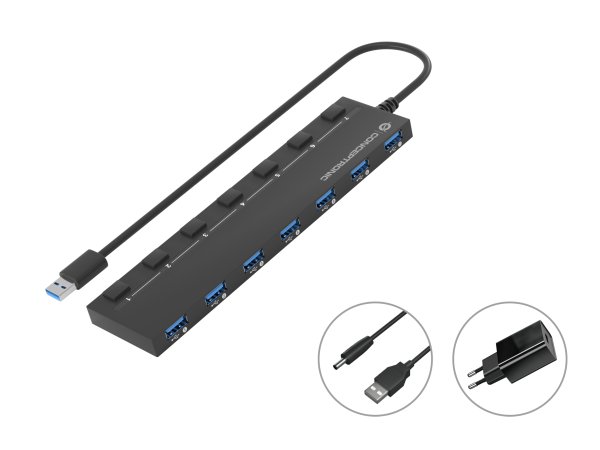 Conceptronic HUBBIES19BP 7-Port USB 3.2 Gen 1 Hub with 5.0V/3.0A Power Adapter, USB-A to 7 x USB-A, 5Gbps SuperSpeed, 90cm Cable