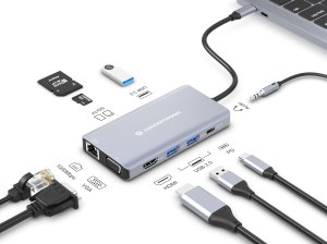 Conceptronic DONN20G 10-in-1 USB 3.2 Gen 1 Docking Station, HDMI, VGA, USB-A 3.0 x 3, SD, TF/MicroSD, Audio, GbE LAN, 100W USB PD