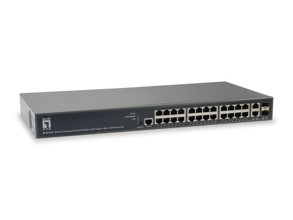 LevelOne TURING 26-Port L3 Lite Managed Gigabit PoE Switch, 24 PoE Outputs, 185W, 2 x SFP/RJ45 Combo