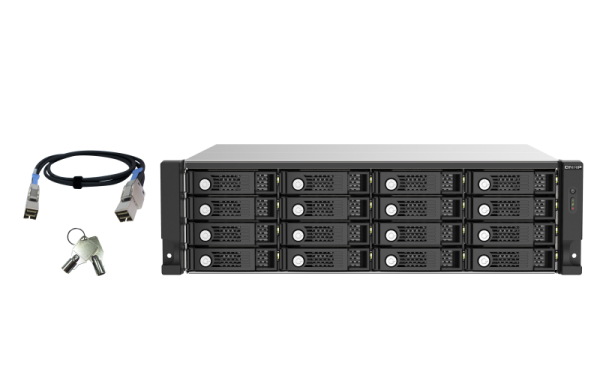 QNAP TL-R1620SEP-RP 128TB (Seagate Exos) 16-bay 3U rackmount SAS 12Gbps JBOD expansion enclosure with SAS expander; 2.5/3.5 SAS 12Gbps & SAS/SATA 6Gbps drives; 4 x SFF-8644 Mini-SAS HD ports; redundant PSU HDD/SSD enclosure Black, Grey 2.5/3.5"