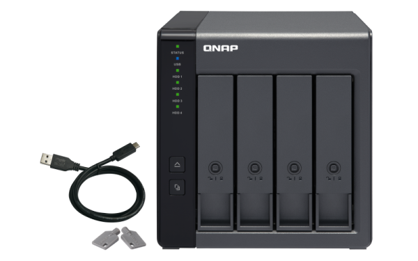 QNAP TR-004 40TB (WD RED PLUS) 4-bay 3.5" SATA HDD USB 3.0 type-C hardware RAID external enclosure. USB-C to USB-A cable included. Expansion unit for QNAP NAS Windows Mac Linux computers.
