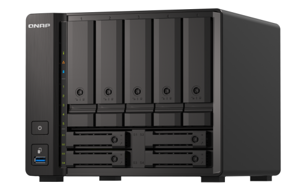 Synology QNAP TS-h973AX-32G 20TB (Seagate Exos) 9-bay NAS; AMD Ryzen V1500B 4C 8T 2.2GHz; 32GB DDR4 SODIMM; 5 x 2.5/3.5 SATA 6Gbps + 2 x 2.5 U.2 NVMe PCIe Gen3 x4 / 2.5 SATA 6Gbps + 2 x 2.5 SATA 6Gbps drive bays. 2 x 2.5GbE; 1 x 10GBASE-T Multi-Gig (10G/5