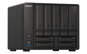 Synology QNAP TS-h973AX-32G 20TB (Seagate Exos) 9-bay NAS; AMD Ryzen V1500B 4C 8T 2.2GHz; 32GB DDR4 SODIMM; 5 x 2.5/3.5 SATA 6Gbps + 2 x 2.5 U.2 NVMe PCIe Gen3 x4 / 2.5 SATA 6Gbps + 2 x 2.5 SATA 6Gbps drive bays. 2 x 2.5GbE; 1 x 10GBASE-T Multi-Gig (10G/5