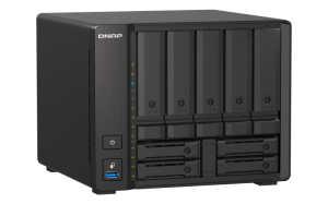 Synology QNAP TS-h973AX-32G 20TB (Seagate Exos) 9-bay NAS; AMD Ryzen V1500B 4C 8T 2.2GHz; 32GB DDR4 SODIMM; 5 x 2.5/3.5 SATA 6Gbps + 2 x 2.5 U.2 NVMe PCIe Gen3 x4 / 2.5 SATA 6Gbps + 2 x 2.5 SATA 6Gbps drive bays. 2 x 2.5GbE; 1 x 10GBASE-T Multi-Gig (10G/5