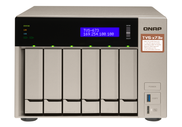 QNAP TVS-673e NAS Tower AMD Embedded R-Series SoC RX-421BD 4 GB DDR4 72 TB HDD QNAP Turbo System Black, Bronze