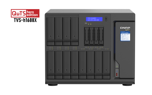 QNAP TVS-h1688X-W1250-32G 120TB (Seagate Ironwolf) 16-Bay TurboNAS (12 x 3.5 HDD + 4 x 2.5 SSD); SATA 6G; Intel Xeon W-1250 6 cores 12 threads 3.3 GHz (boost up to 4.7 GHz); 32GB DDR4 ECC RAM (max. 128GB); 4 x 2.5GbE; 2 x 10GBASE-T 10GbE; 2 x M.2 22110/ N