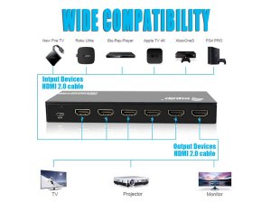 5 x HDMI Input, 1 x HDMI Output, HDMI2.0, HDCP2.2, 4K/60Hz, HDR10/Dolby Vision