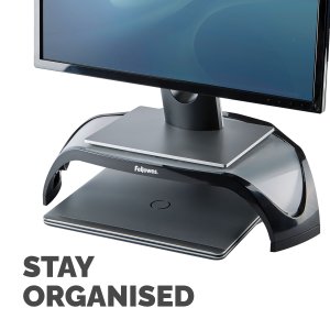 Fellowes Computer Monitor Stand with 3 Height Adjustments - Smart Suites Monitor Riser - Ergonomic Adjustable Monitor Stand for Computers - Max Weight 10KG/Max Size 21" - Black