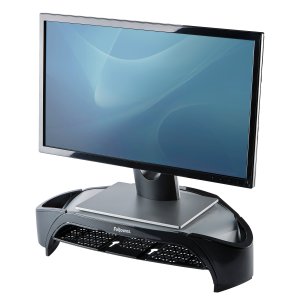 Fellowes Computer Monitor Stand with 3 Height Adjustments - Smart Suites Monitor Riser Plus with Storage Area - Ergonomic Adjustable Monitor Stand for Computers - Max Weight 10KG/Max Size 21″ - Black