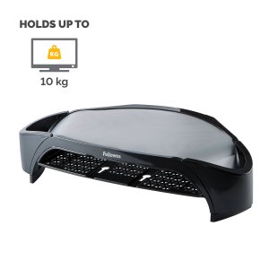 Fellowes Computer Monitor Stand with 3 Height Adjustments - Smart Suites Monitor Riser Plus with Storage Area - Ergonomic Adjustable Monitor Stand for Computers - Max Weight 10KG/Max Size 21" - Black