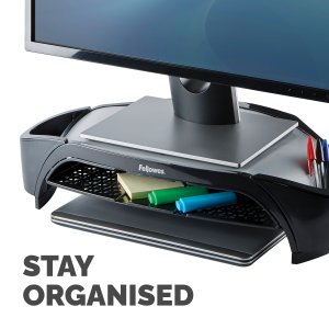 Fellowes Computer Monitor Stand with 3 Height Adjustments - Smart Suites Monitor Riser Plus with Storage Area - Ergonomic Adjustable Monitor Stand for Computers - Max Weight 10KG/Max Size 21" - Black