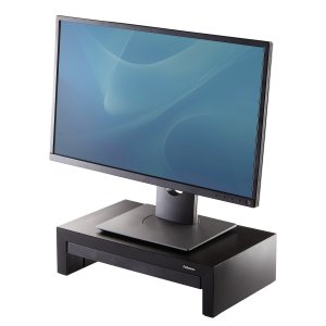 Fellowes Computer Monitor Stand with 3 Height Adjustments - Designer Suites Monitor Riser with Storage Tray - Ergonomic Adjustable Monitor Stand for Computers - Max Weight 18KG/Max Size 21″ - Black/Pearl