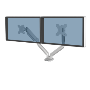 Fellowes Platinum Series Dual Monitor Arm - Monitor Mount for Two 8KG 32 Inch Screens - Adjustable Dual Monitor Desk Mount - Tilt 45° Pan 180ᵒ Swivel 360ᵒ Rotation 360ᵒ, VESA 75 x 75/100 x 100 - Silver