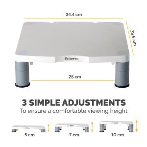 Fellowes Computer Monitor Stand with 3 Height Adjustments - Standard Monitor Riser with Cable Management - Ergonomic Adjustable Monitor Stand for Computers - Max Weight 27KG/Max Size 21" - Platinum