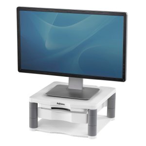 Fellowes Computer Monitor Stand with 3 Height Adjustments - Premium Monitor Riser Plus with Cable Management - Ergonomic Adjustable Monitor Stand for Computers - Max Weight 36KG/Max Size 21″ - Platinum