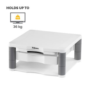 Fellowes Computer Monitor Stand with 3 Height Adjustments - Premium Monitor Riser Plus with Cable Management - Ergonomic Adjustable Monitor Stand for Computers - Max Weight 36KG/Max Size 21" - Platinum