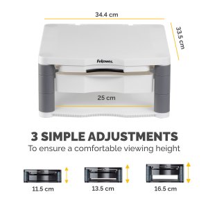 Fellowes Computer Monitor Stand with 3 Height Adjustments - Premium Monitor Riser Plus with Cable Management - Ergonomic Adjustable Monitor Stand for Computers - Max Weight 36KG/Max Size 21" - Platinum