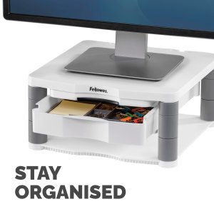 Fellowes Computer Monitor Stand with 3 Height Adjustments - Premium Monitor Riser Plus with Cable Management - Ergonomic Adjustable Monitor Stand for Computers - Max Weight 36KG/Max Size 21" - Platinum