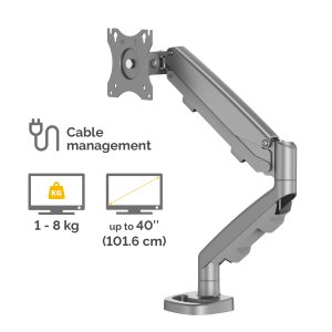 Fellowes Eppa Single Monitor Arm - Monitor Mount for 8KG 40 inch Screens - Ergonomic Adjustable Monitor Arm Desk Mount - Tilt 90° Swivel 360° Rotation 360°, VESA 75 x 75/100 x 100 - Silver