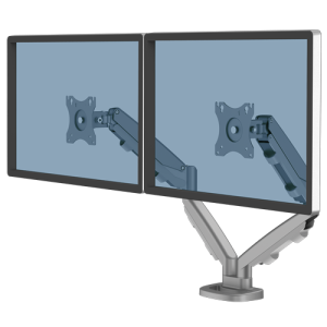 Fellowes Eppa Dual Monitor Arm - Monitor Mount for 8KG 40 inch Screens - Ergonomic Adjustable Monitor Arm Desk Mount - Tilt 90° Swivel 360° Rotation 360°, VESA 75 x 75/100 x 100 - Silver