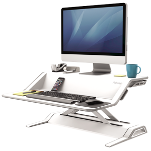 Fellowes Sit Stand Desk Riser - Lotus Height Adjustable Sit Stand Desk Converter with Cable Management - No Assembly Required - Max Weight 15.8KG - White