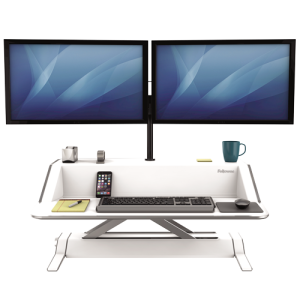 Fellowes Sit Stand Desk Riser - Lotus Height Adjustable Sit Stand Desk Converter with Cable Management - No Assembly Required - Max Weight 15.8KG - White