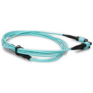 8m 2xMPO-16 (Female) to MPO (Female) 16-strand Aqua OM4 Crossover LSZH-Rated) Fiber Fanout Cable