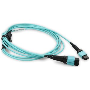 8m 2xMPO-16 (Female) to MPO (Female) 16-strand Aqua OM4 Crossover LSZH-Rated) Fiber Fanout Cable