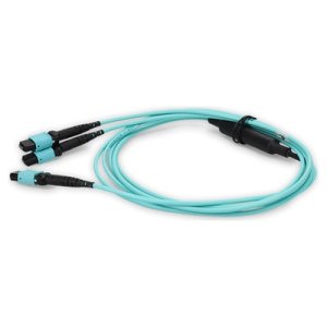 7m 2xMPO-16 (Female) to MPO (Female) 16-strand Aqua OM4 Crossover LSZH-Rated) Fiber Fanout Cable