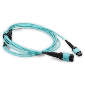 8m 2xMPO-16 (Female) to MPO (Female) 16-strand Aqua OM4 Crossover OFNR (Riser-Rated) Fiber Fanout Cable