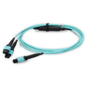 8m 2xMPO-16 (Female) to MPO (Female) 16-strand Aqua OM4 Crossover OFNR (Riser-Rated) Fiber Fanout Cable