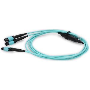 30m 4xMPO-16 (Female) to MPO (Female) 16-strand Aqua OM4 Crossover OFNR (Riser-Rated) Fiber Fanout Cable