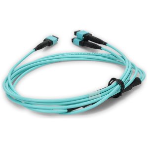 30m 4xMPO-16 (Female) to MPO (Female) 16-strand Aqua OM4 Crossover OFNR (Riser-Rated) Fiber Fanout Cable