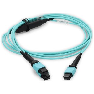 30m 4xMPO-16 (Female) to MPO (Female) 16-strand Aqua OM4 Crossover OFNR (Riser-Rated) Fiber Fanout Cable