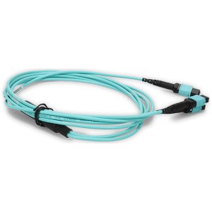 3m 4xMPO-16 (Female) to MPO (Female) 16-strand Aqua OM4 Crossover OFNP (Plenum-Rated) Fiber Fanout Cable