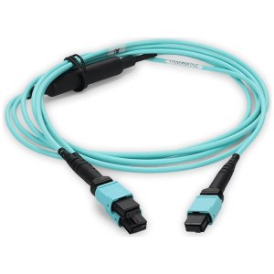 9m 4xMPO-16 (Female) to MPO (Female) 16-strand Aqua OM4 Crossover OFNP (Plenum-Rated) Fiber Fanout Cable