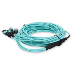 3m 4xMPO-16 (Female) to MPO (Female) 16-strand Aqua OM4 Crossover OFNR (Riser-Rated) Fiber Fanout Cable