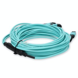 3m 4xMPO-16 (Female) to MPO (Female) 16-strand Aqua OM4 Crossover OFNR (Riser-Rated) Fiber Fanout Cable