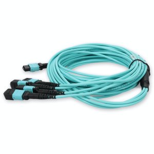 5m 4xMPO-16 (Female) to MPO (Female) 16-strand Aqua OM4 Crossover OFNR (Riser-Rated) Fiber Fanout Cable