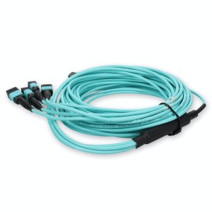 5m 4xMPO-16 (Female) to MPO (Female) 16-strand Aqua OM4 Crossover OFNR (Riser-Rated) Fiber Fanout Cable