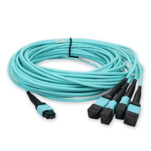 5m 4xMPO-16 (Female) to MPO (Female) 16-strand Aqua OM4 Crossover OFNR (Riser-Rated) Fiber Fanout Cable