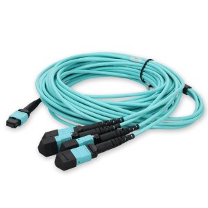 6m 4xMPO-16 (Female) to MPO (Female) 16-strand Aqua OM4 Crossover OFNR (Riser-Rated) Fiber Fanout Cable