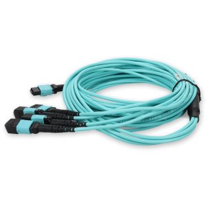 7m 4xMPO-16 (Female) to MPO (Female) 16-strand Aqua OM4 Crossover OFNR (Riser-Rated) Fiber Fanout Cable