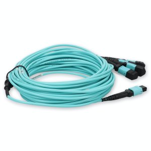 7m 4xMPO-16 (Female) to MPO (Female) 16-strand Aqua OM4 Crossover OFNR (Riser-Rated) Fiber Fanout Cable